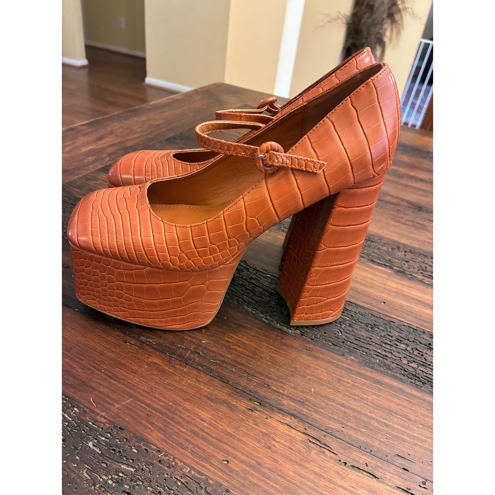 EGO Platform Heels Mary Jane Strap Patent Leather Embossed Chunky Heel Women's 8
